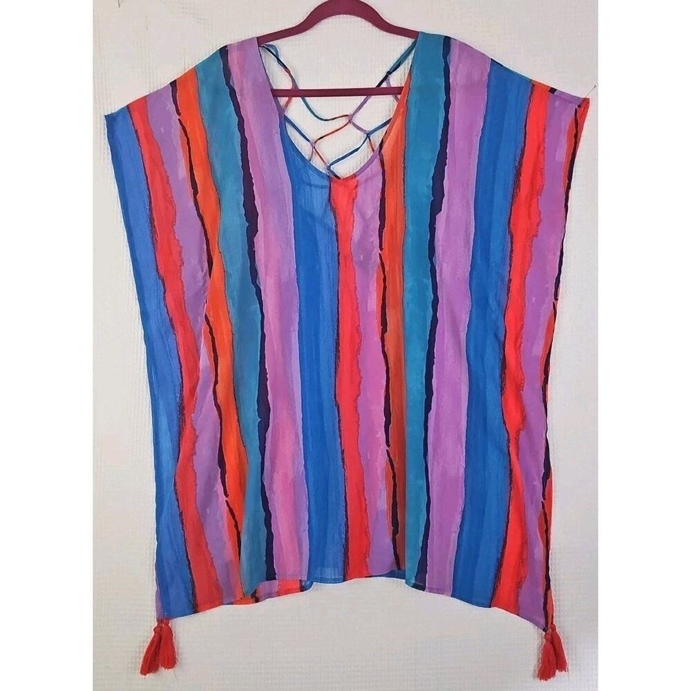 Palisades Beach Club Women Sz. M/L Swimsuit Cover-Up Tassels Sheer Cut Out Back